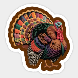Colorful Patchwork Turkey Illustration – Vintage Thanksgiving Sticker